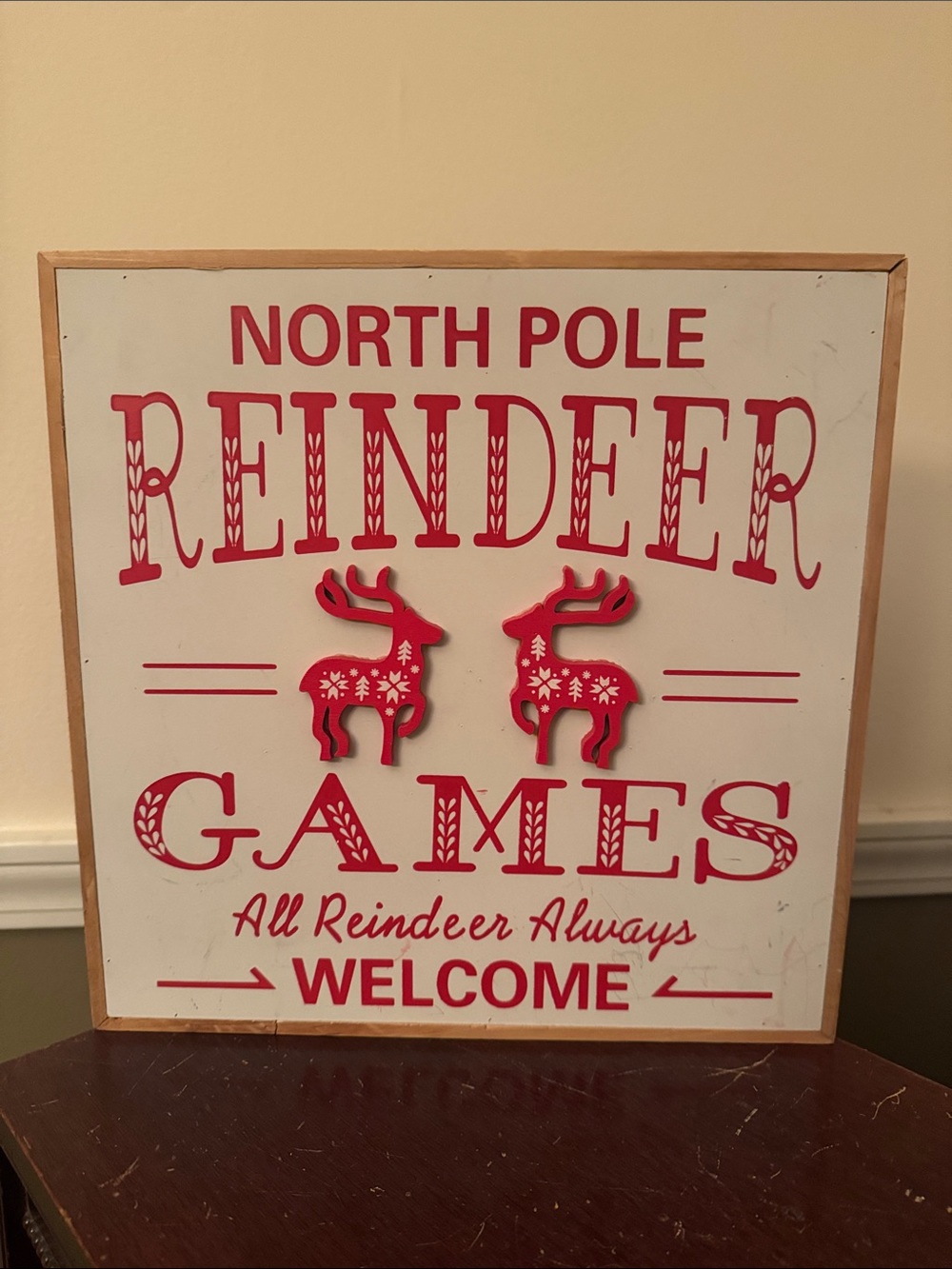 White and Red North Pole Reindeer Games Wall Sign